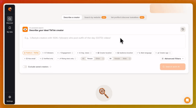 Tiger Finder demo of entering a TikTok username in Vet profile & discover lookalikes, clicking Analyze and opening details